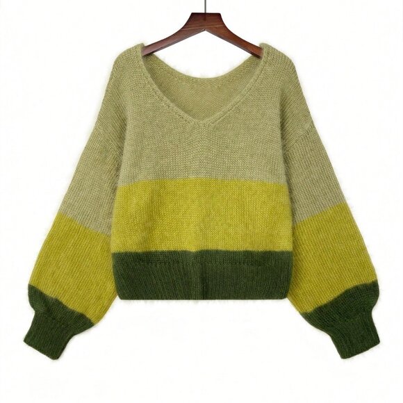 Multicolor Casual Women's striped ColorBlock knit Sweater top Green - Picture 6 of 9